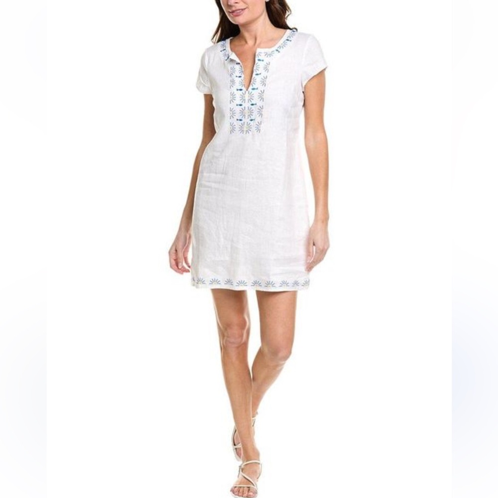 NWOT HIHO Rachel White Linen Dress w Fish Sun Embroidery - M